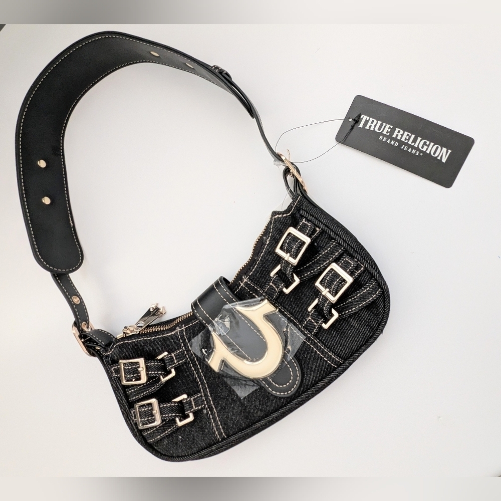 NWT True Religion Black Denim Shoulder Bag/Purse with Gold Buckle and Accents